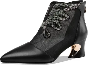TinaCus Women's Handmade Genuine Leather and Mesh Back Zip Up Glitter Decor Chuncky Heel Summer Boots