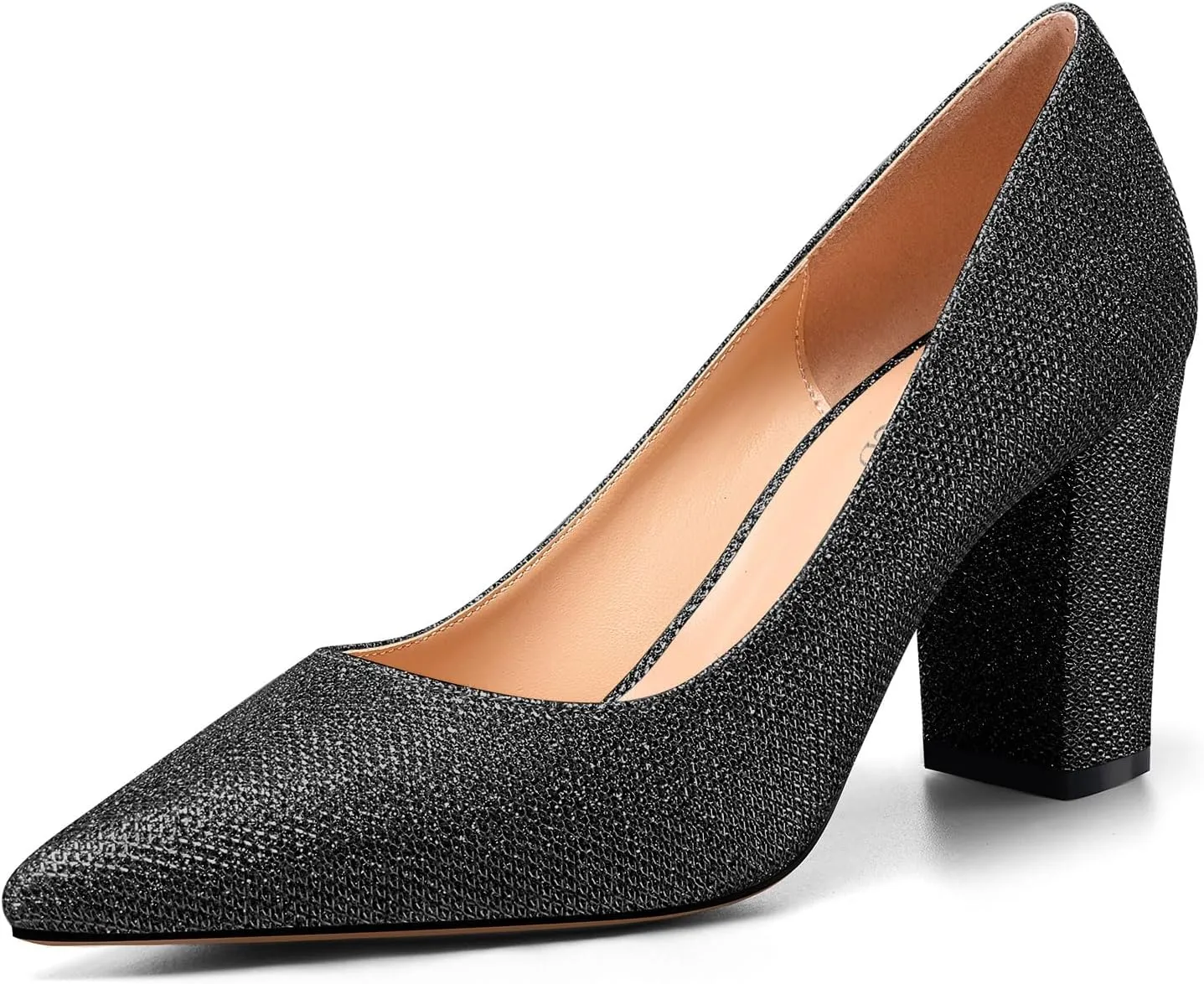 TNYNFBEB Womens Chunky Block Mid Heel Pointed Toe Pumps Slip-on Prom Wedding Basic Classic Glitter Summer 3.2 Inches Heels