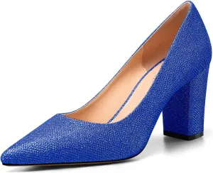 TNYNFBEB Womens Chunky Block Mid Heel Pointed Toe Pumps Slip-on Prom Wedding Basic Classic Glitter Summer 3.2 Inches Heels