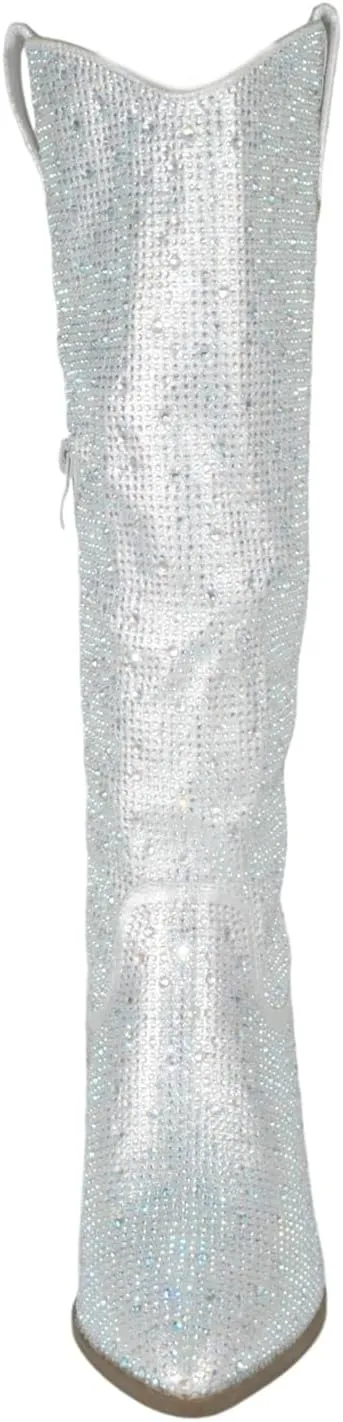 TOP Moda Women Knee High Boots Block High Heels Rhinestone Bling Glitter Side Zipper Pointed-Toe IMOGEN-38