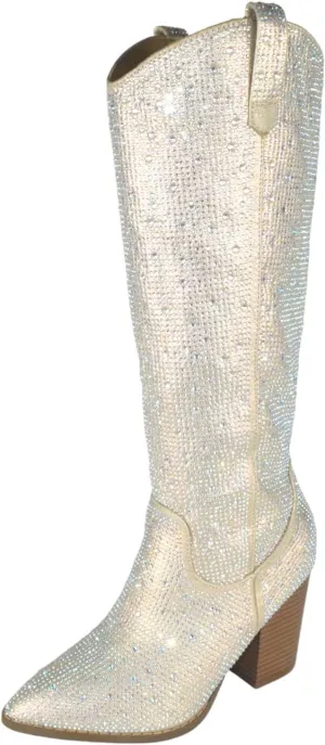 TOP Moda Women Knee High Boots Block High Heels Rhinestone Bling Glitter Side Zipper Pointed-Toe IMOGEN-38
