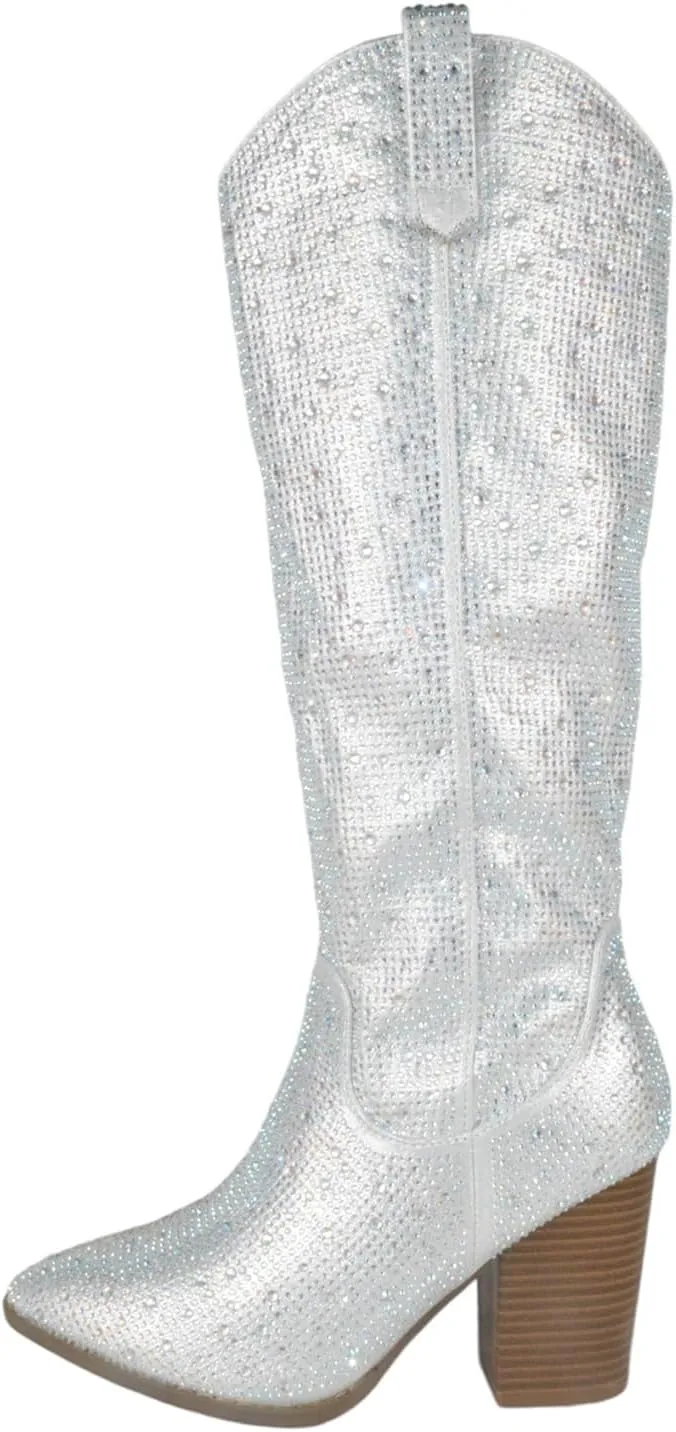TOP Moda Women Knee High Boots Block High Heels Rhinestone Bling Glitter Side Zipper Pointed-Toe IMOGEN-38
