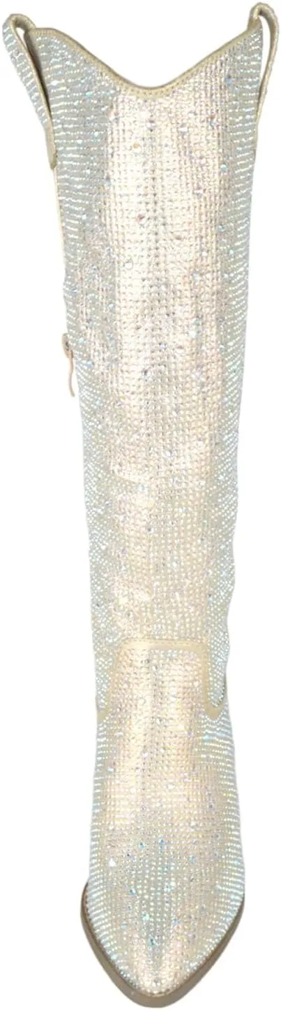 TOP Moda Women Knee High Boots Block High Heels Rhinestone Bling Glitter Side Zipper Pointed-Toe IMOGEN-38