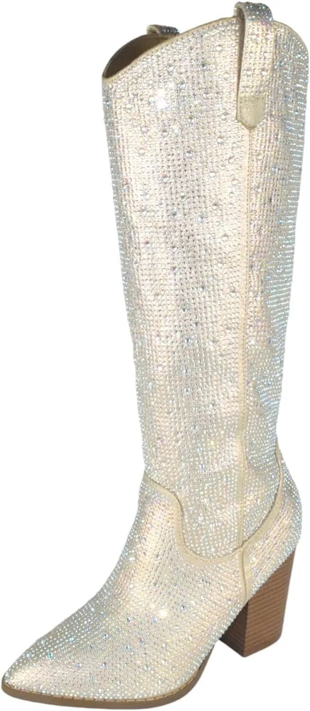 TOP Moda Women Knee High Boots Block High Heels Rhinestone Bling Glitter Side Zipper Pointed-Toe IMOGEN-38