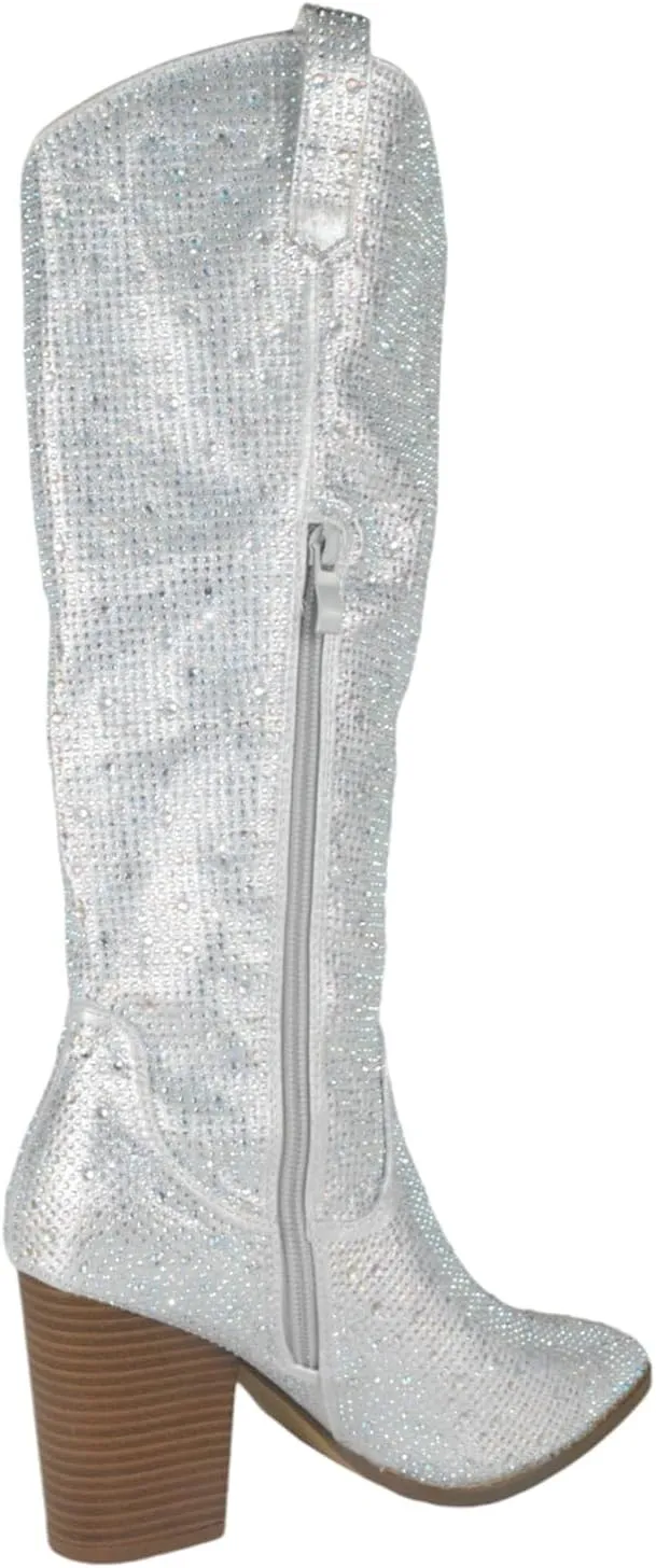 TOP Moda Women Knee High Boots Block High Heels Rhinestone Bling Glitter Side Zipper Pointed-Toe IMOGEN-38