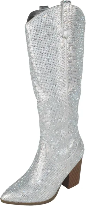 TOP Moda Women Knee High Boots Block High Heels Rhinestone Bling Glitter Side Zipper Pointed-Toe IMOGEN-38