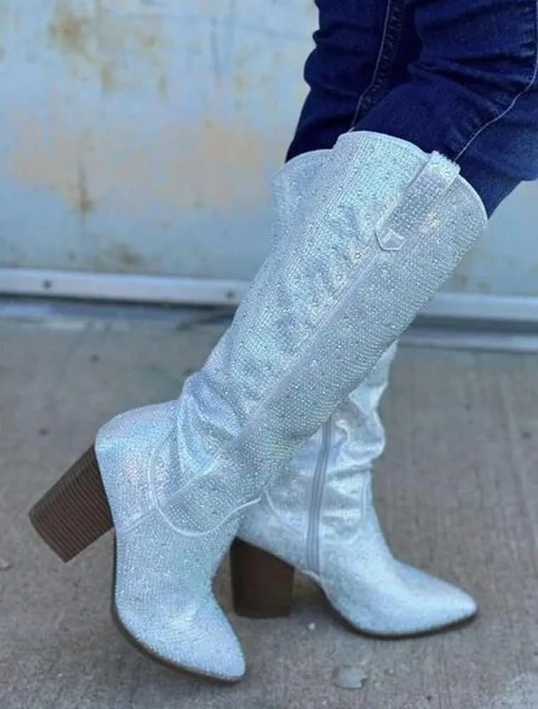 TOP Moda Women Knee High Boots Block High Heels Rhinestone Bling Glitter Side Zipper Pointed-Toe IMOGEN-38