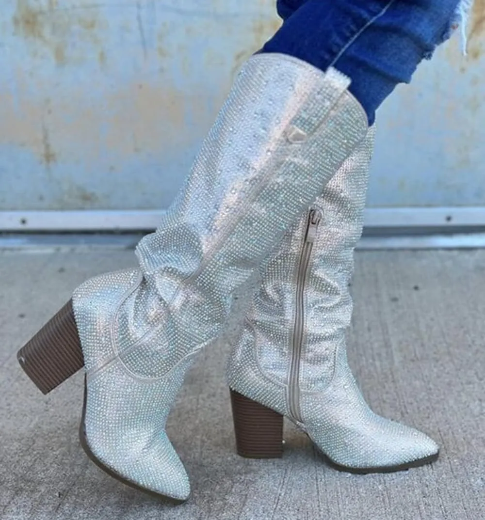 TOP Moda Women Knee High Boots Block High Heels Rhinestone Bling Glitter Side Zipper Pointed-Toe IMOGEN-38