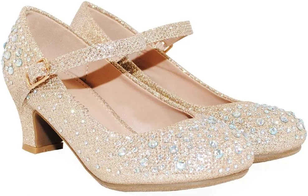 TRENDSUP Kids Sparkling Mary Jane Rhinestone Glitter Formal Dress Low Heel Pumps