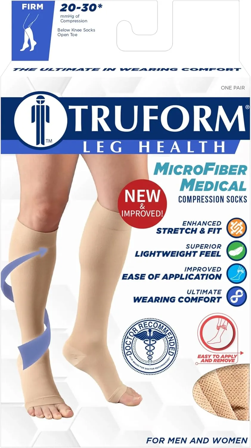 Truform 20-30 Mmhg Compression Stocking for Men & Women, Knee High Length, Open Toe, Beige, Large