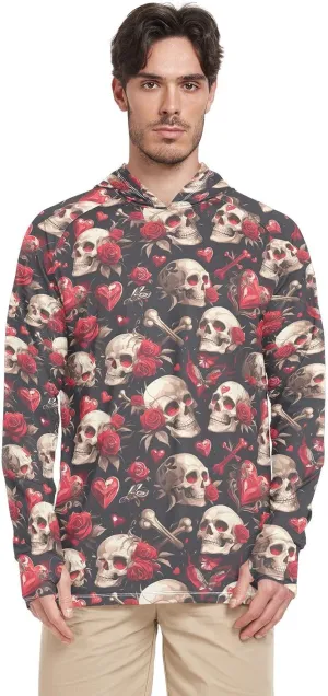 Valentine Red Rose Skull Mens Sun Hoodie Shirts UV Protection Long Sleeve Sun Shirt with Hood UPF 50  Lightweight UV Rash Guard Hooded Sun Proof Shirts Camisas con Gorro para Hombres