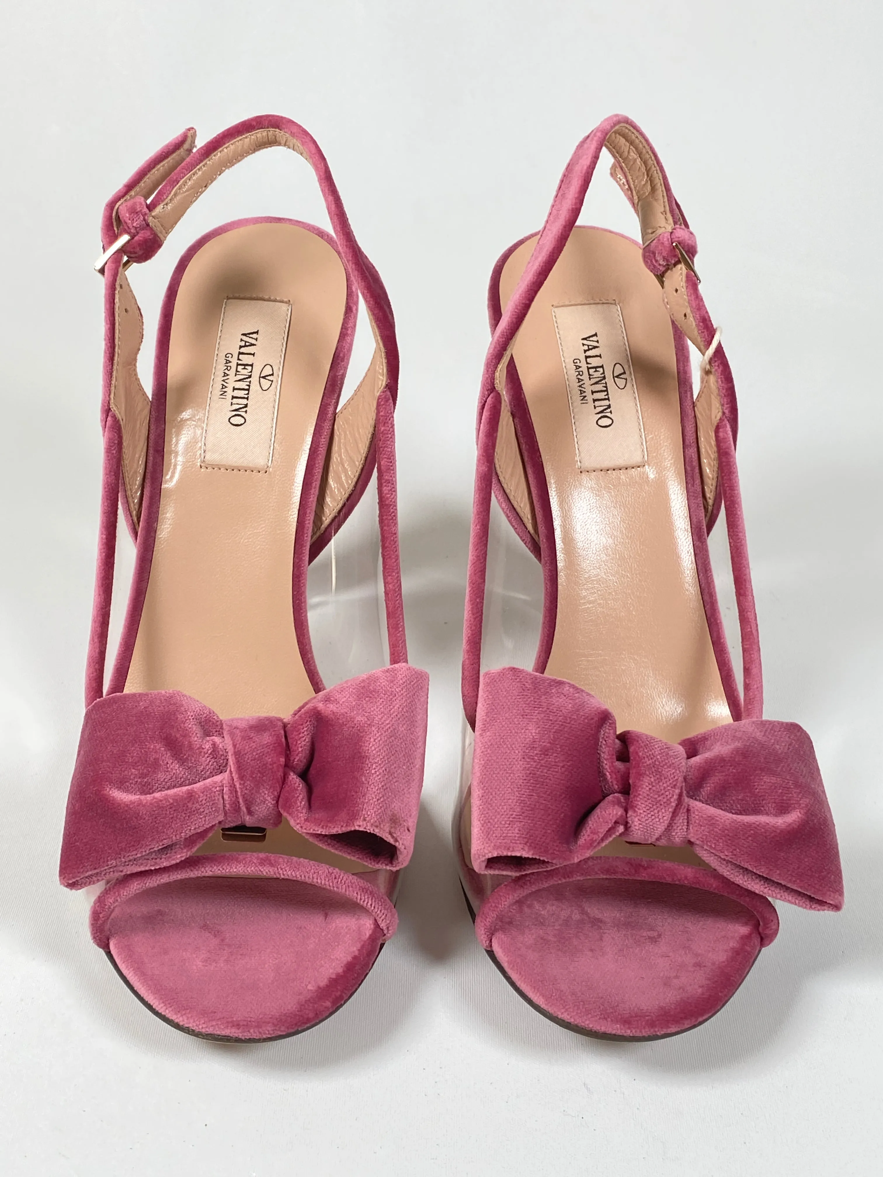 VALENTINO - PINK VELVET GLASSGLOW REMOVABLE BOW SLINGBACKS  - SZ 38 - NEW