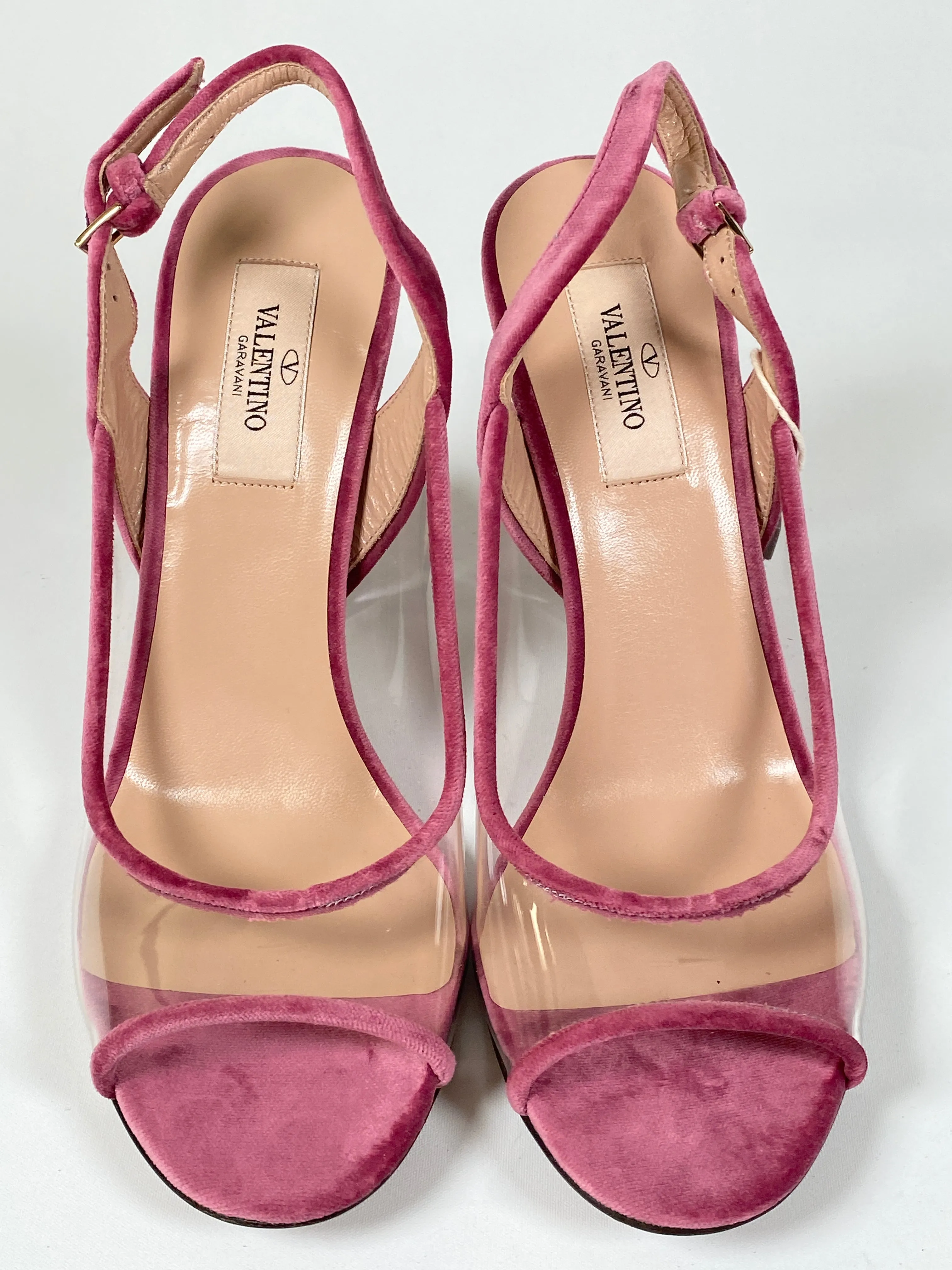 VALENTINO - PINK VELVET GLASSGLOW REMOVABLE BOW SLINGBACKS  - SZ 38 - NEW