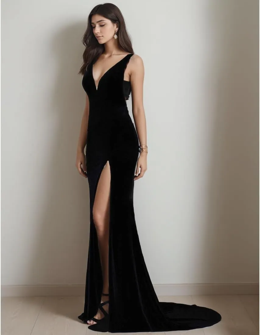 Velvet Dress for Women v-Neck Mermaid Formal Gowns and Evening Dresses with Slit