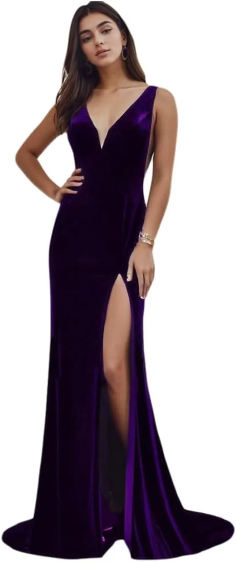 Velvet Dress for Women v-Neck Mermaid Formal Gowns and Evening Dresses with Slit