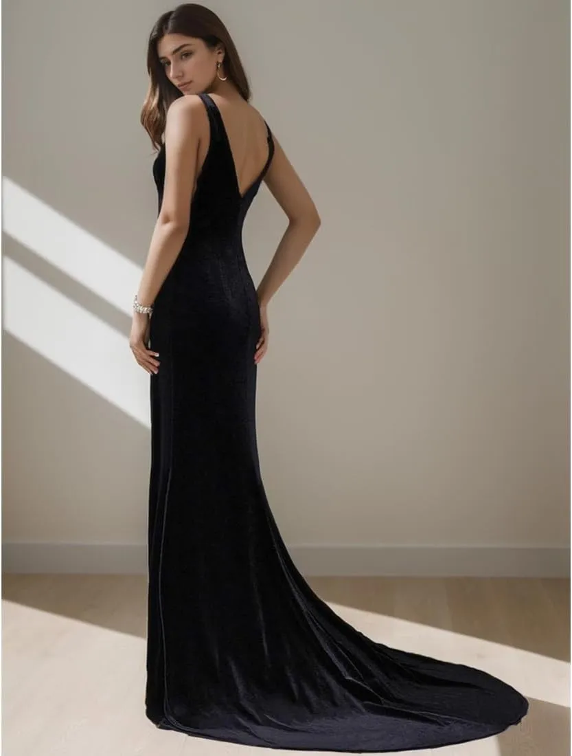 Velvet Dress for Women v-Neck Mermaid Formal Gowns and Evening Dresses with Slit