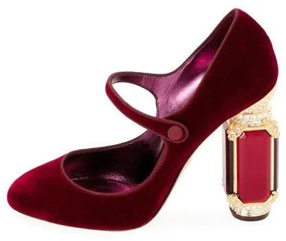 Velvet Mary Jane Pumps with Jewel Heel - Red or Green