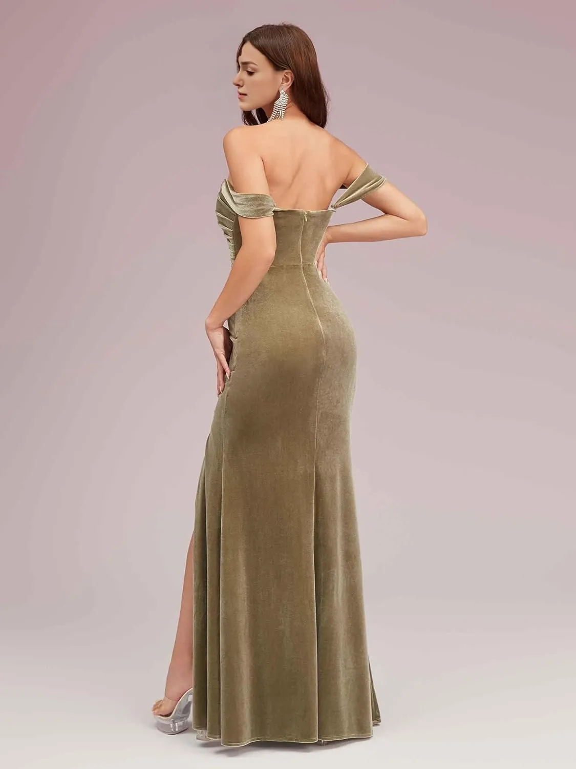 Velvet Off Shoulder Mermaid Long Bridesmaid Dresses Floor Length Women's Formal Dress with Side Slit
