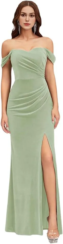 Velvet Off Shoulder Mermaid Long Bridesmaid Dresses Floor Length Women's Formal Dress with Side Slit