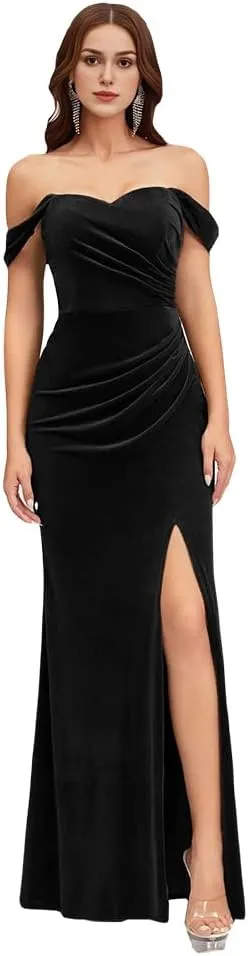Velvet Off Shoulder Mermaid Long Bridesmaid Dresses Floor Length Women's Formal Dress with Side Slit