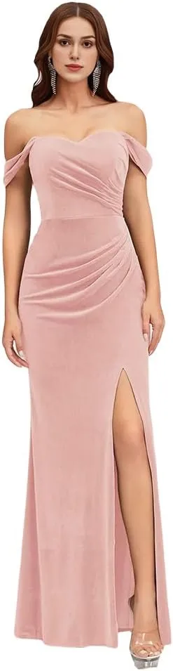 Velvet Off Shoulder Mermaid Long Bridesmaid Dresses Floor Length Women's Formal Dress with Side Slit