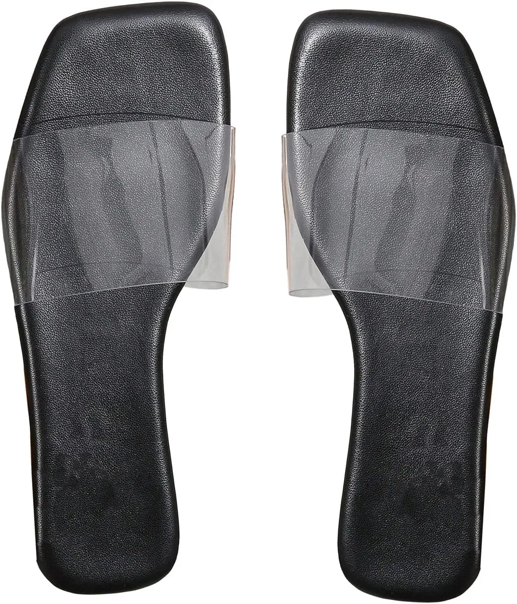 Verdusa Women's Clear Square Toe Slide Sandals Summer Slip On Flat Sandals