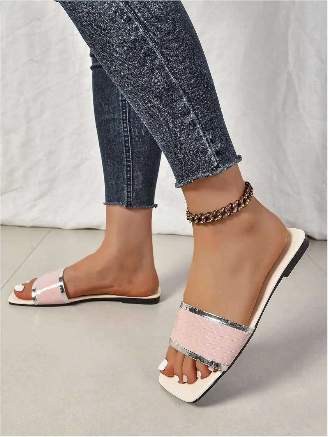 Verdusa Women's Metallic Sandals Square Open Toe Slip on Slides Summer Flat Sandals