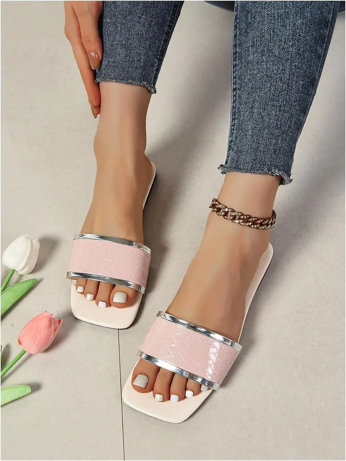 Verdusa Women's Metallic Sandals Square Open Toe Slip on Slides Summer Flat Sandals