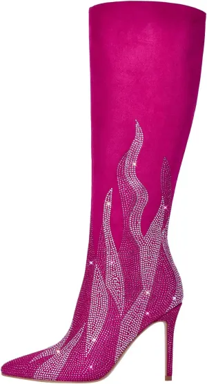VERISSON Point Toe Knee Boots Sparkly Rhinestones Stiletto Heeled Booty