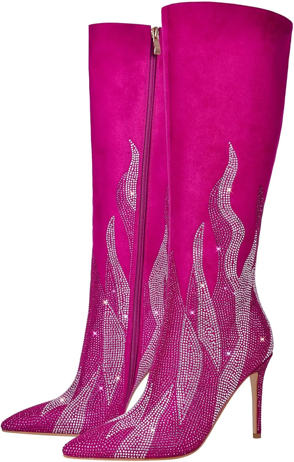 VERISSON Point Toe Knee Boots Sparkly Rhinestones Stiletto Heeled Booty