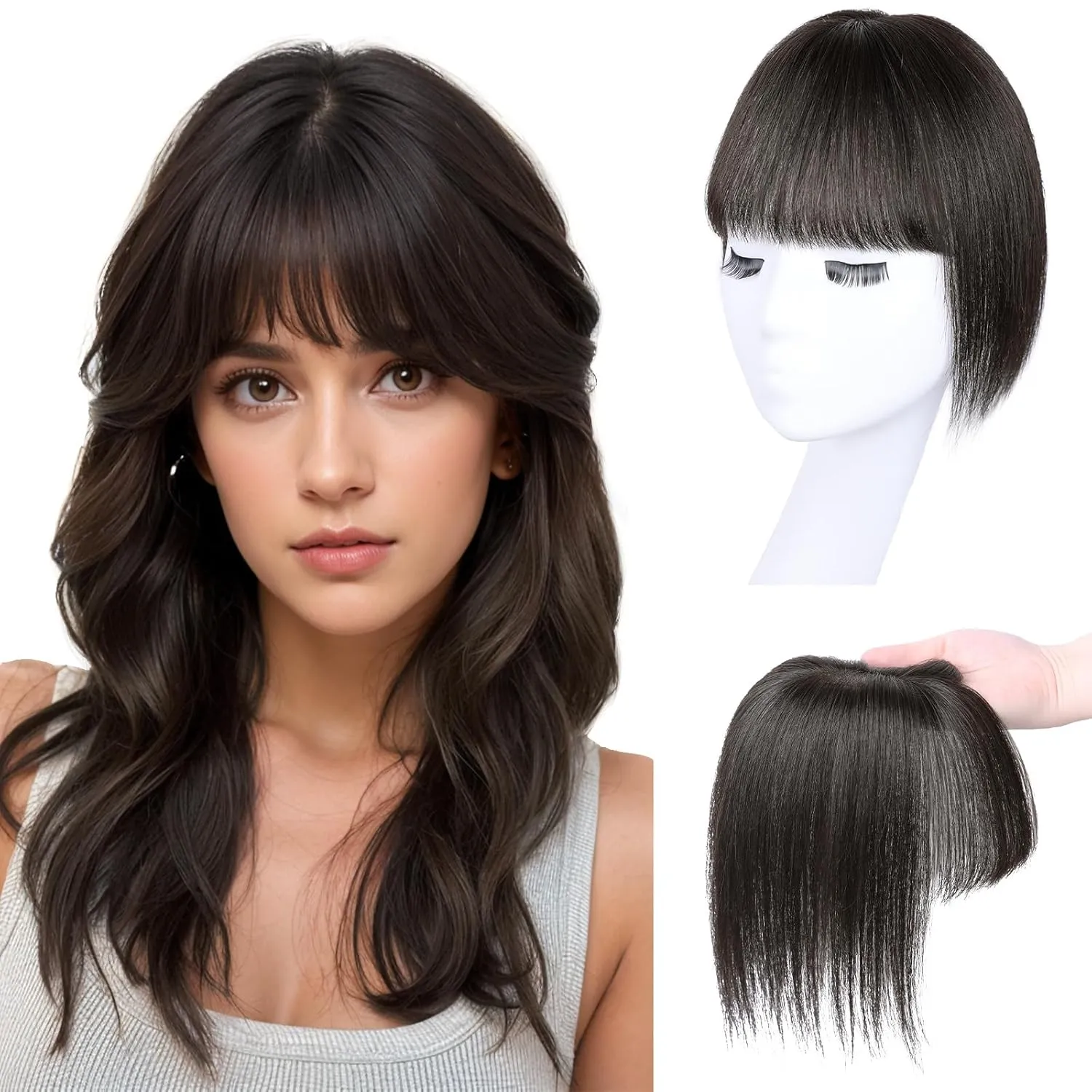 VERNA Hair Toppers for Women Real Human Hair 360°3D Cover Bangs Hair Clip,100% Real Human Hair Brown Black Clip in Bangs,Hair pieces Clip on Bangs for Daily Wear(5 * 9.5)
