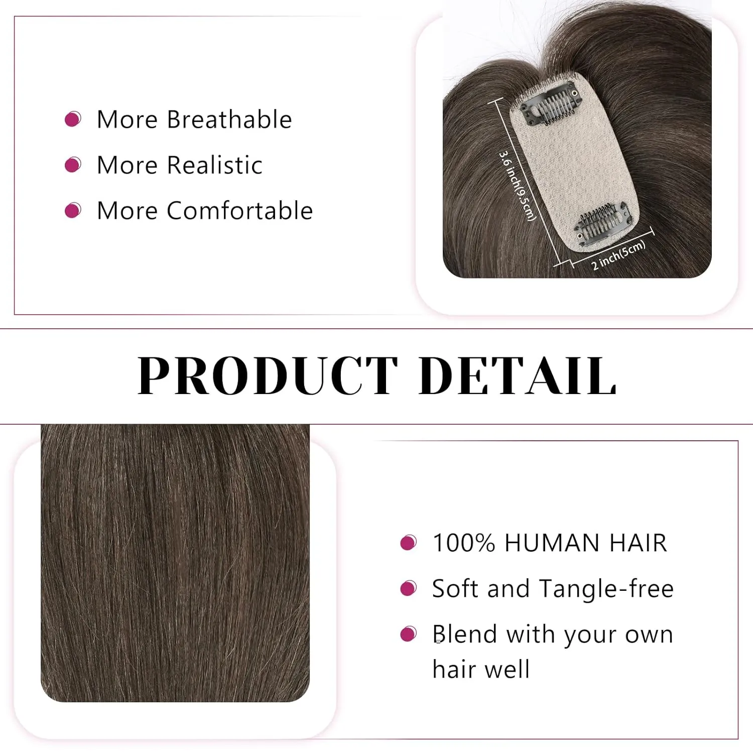 VERNA Hair Toppers for Women Real Human Hair 360°3D Cover Clip in Bangs,100% Real Human Hair Dark Brown Hair pieces Clip on Bangs for Daily Wear(5 * 9.5)