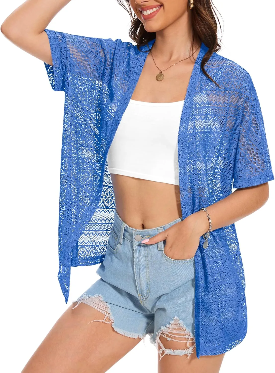 VIISHOW Women's Crochet Kimono Summer Lightweight Cardigan Open Front Hollow Out Beach Cover-Up