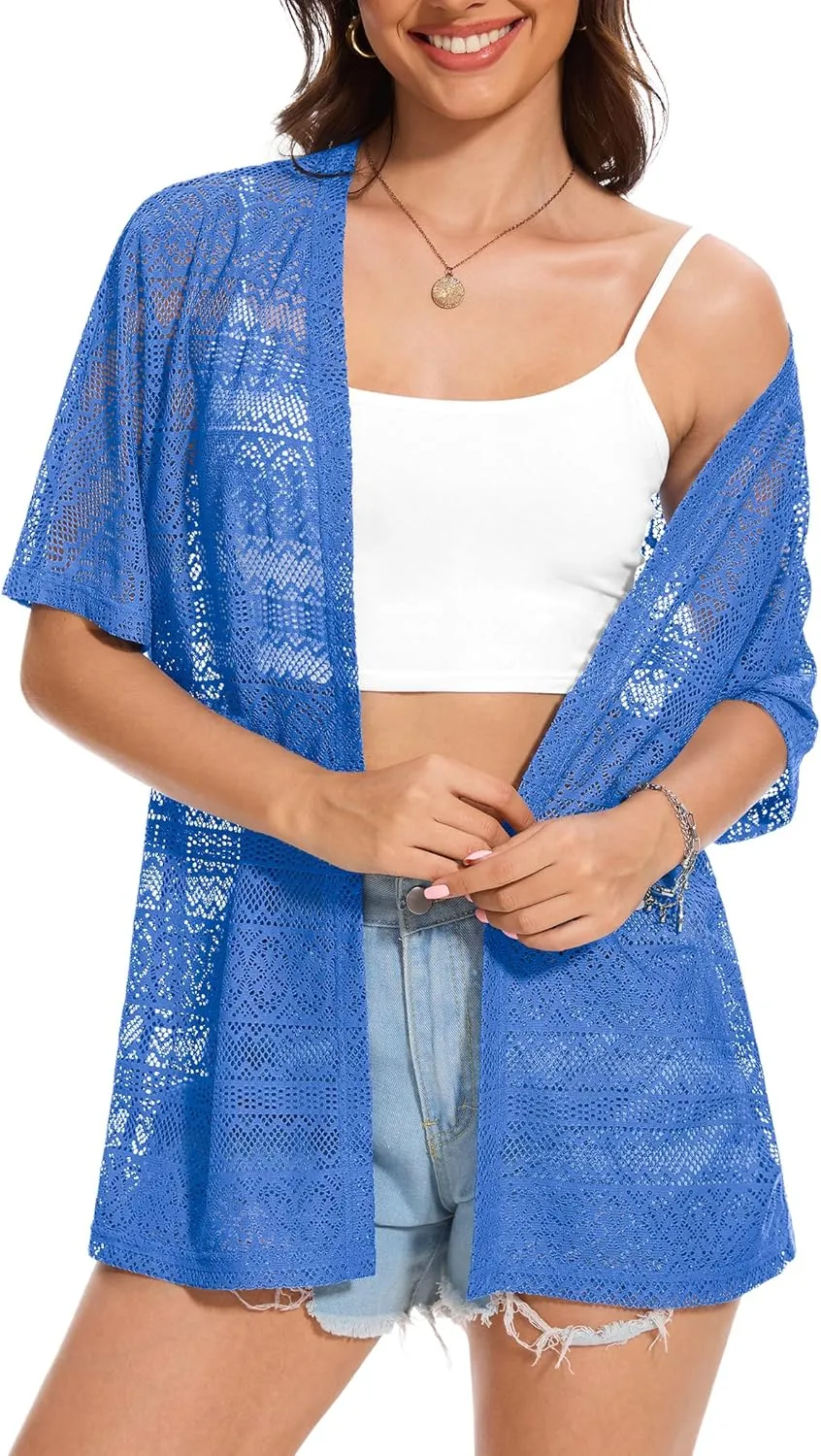 VIISHOW Women's Crochet Kimono Summer Lightweight Cardigan Open Front Hollow Out Beach Cover-Up