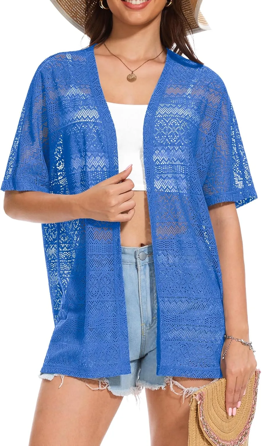 VIISHOW Women's Crochet Kimono Summer Lightweight Cardigan Open Front Hollow Out Beach Cover-Up