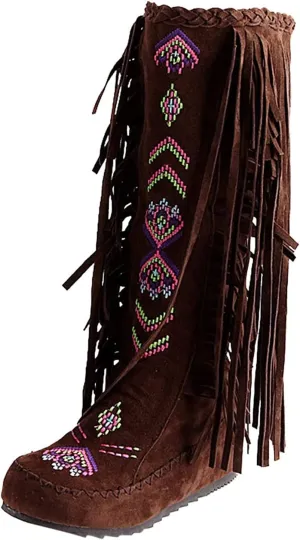 Vintage Knee High Embroidered Fringe Boots for Women Christmas Moccasins Fringed Booties Flat Heels Winter Snow Boots