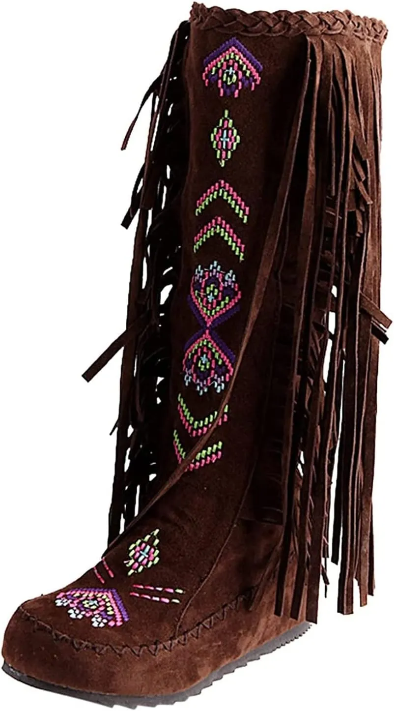 Vintage Knee High Embroidered Fringe Boots for Women Christmas Moccasins Fringed Booties Flat Heels Winter Snow Boots