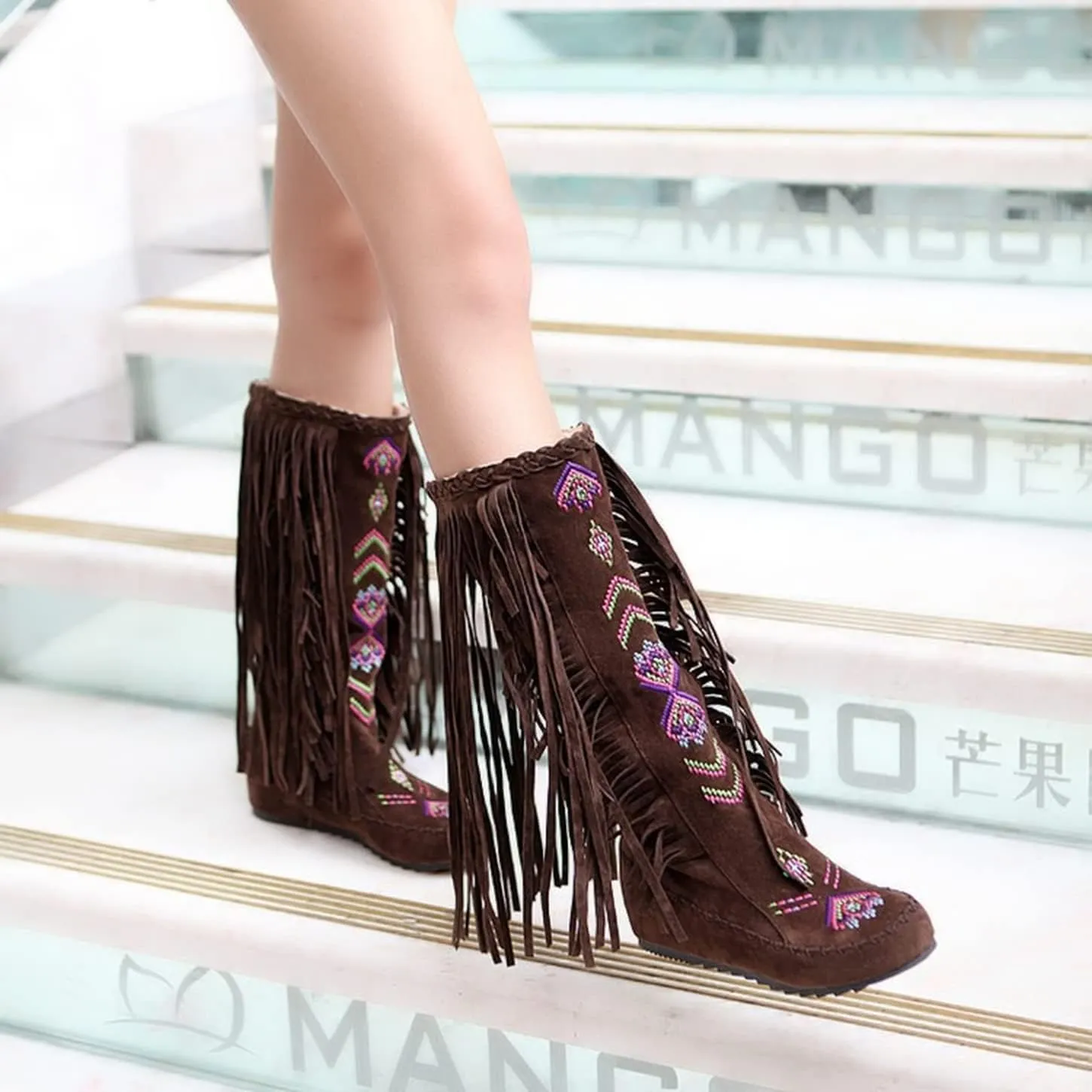 Vintage Knee High Embroidered Fringe Boots for Women Christmas Moccasins Fringed Booties Flat Heels Winter Snow Boots