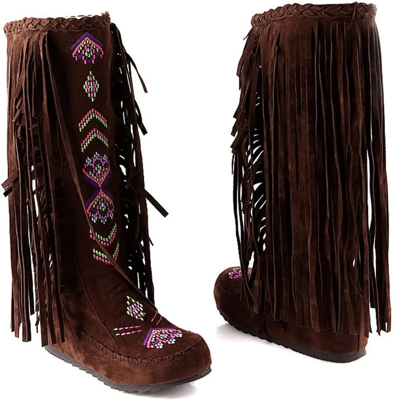 Vintage Knee High Embroidered Fringe Boots for Women Christmas Moccasins Fringed Booties Flat Heels Winter Snow Boots