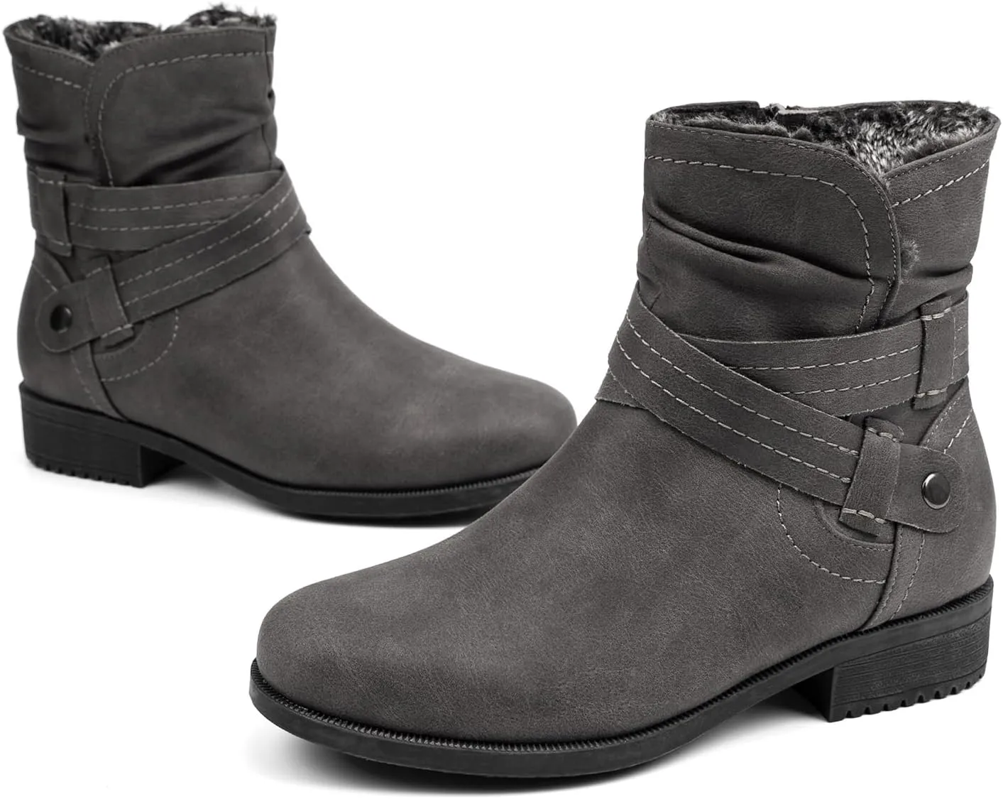 VJH confort Women's Mid Calf Boots, Fur Lined Round Toe Low heel Cross Straps Slouchy Booties with Zipper