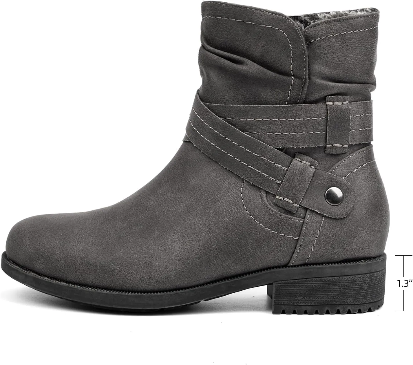 VJH confort Women's Mid Calf Boots, Fur Lined Round Toe Low heel Cross Straps Slouchy Booties with Zipper