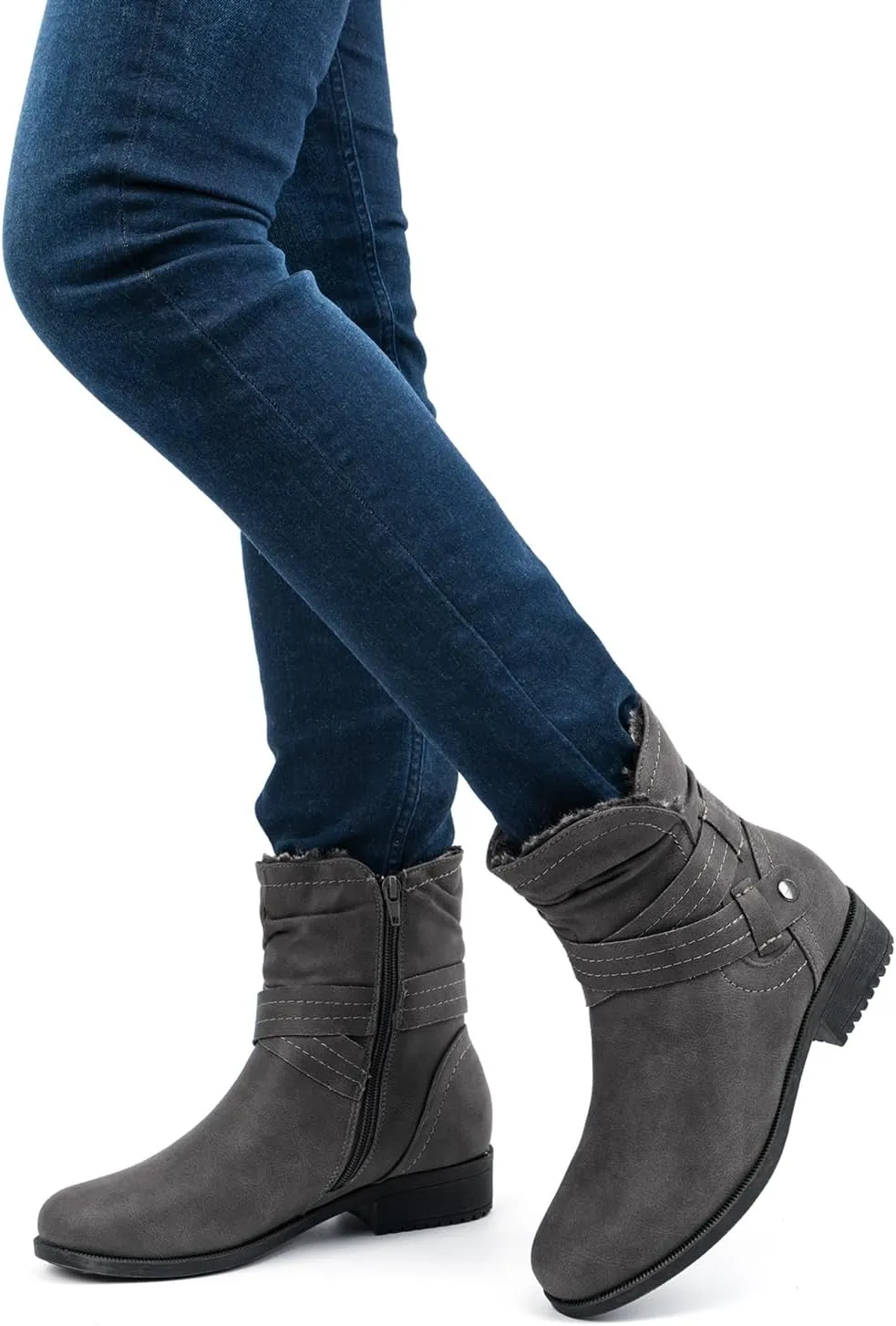VJH confort Women's Mid Calf Boots, Fur Lined Round Toe Low heel Cross Straps Slouchy Booties with Zipper