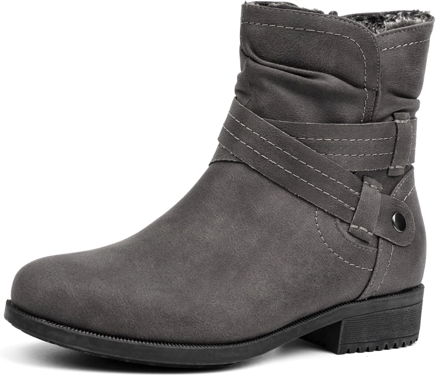 VJH confort Women's Mid Calf Boots, Fur Lined Round Toe Low heel Cross Straps Slouchy Booties with Zipper