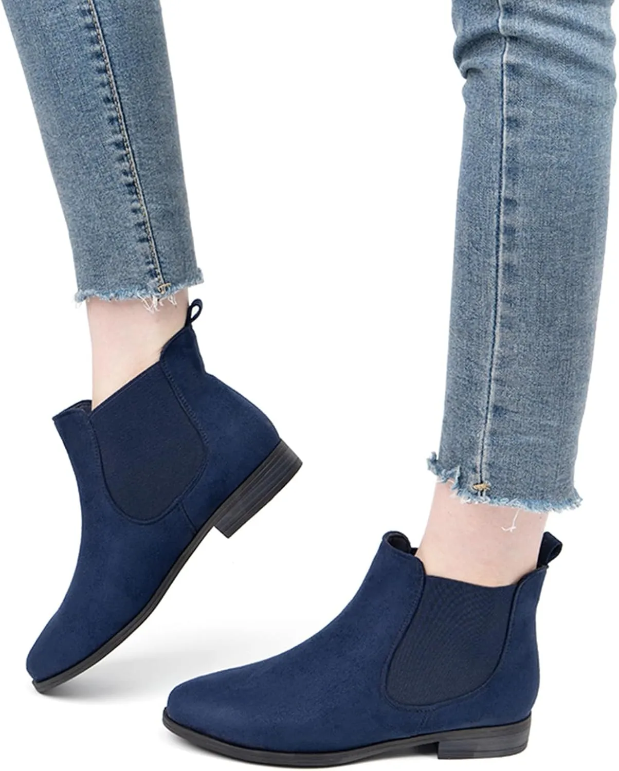 VJH confort Women's Slip on Ankle Boot, Western Almond Round Toe Low Heel Elastic Chelsea Bootie