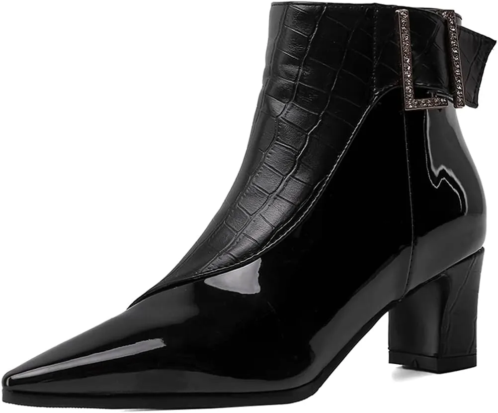 VOKLIN Women's Fashion Buckle Pointed Toe Dressy Ankle Booties Side Zipper Block Mid Heel Dress Short Boots