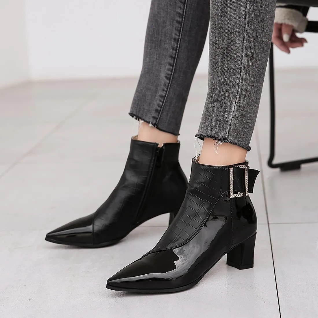 VOKLIN Women's Fashion Buckle Pointed Toe Dressy Ankle Booties Side Zipper Block Mid Heel Dress Short Boots