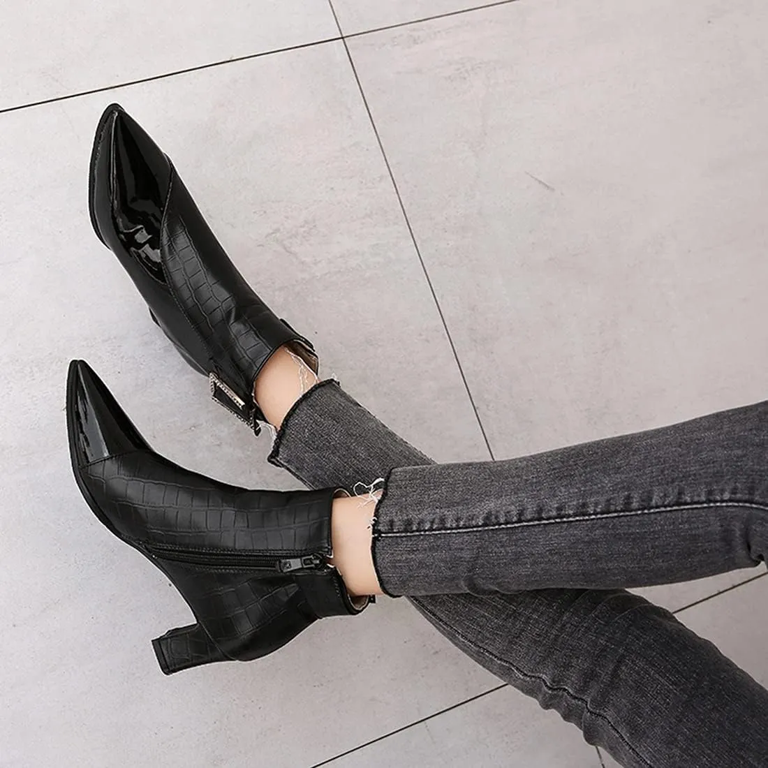 VOKLIN Women's Fashion Buckle Pointed Toe Dressy Ankle Booties Side Zipper Block Mid Heel Dress Short Boots