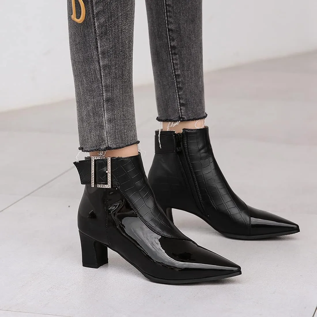 VOKLIN Women's Fashion Buckle Pointed Toe Dressy Ankle Booties Side Zipper Block Mid Heel Dress Short Boots