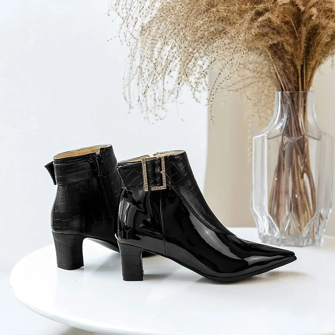 VOKLIN Women's Fashion Buckle Pointed Toe Dressy Ankle Booties Side Zipper Block Mid Heel Dress Short Boots