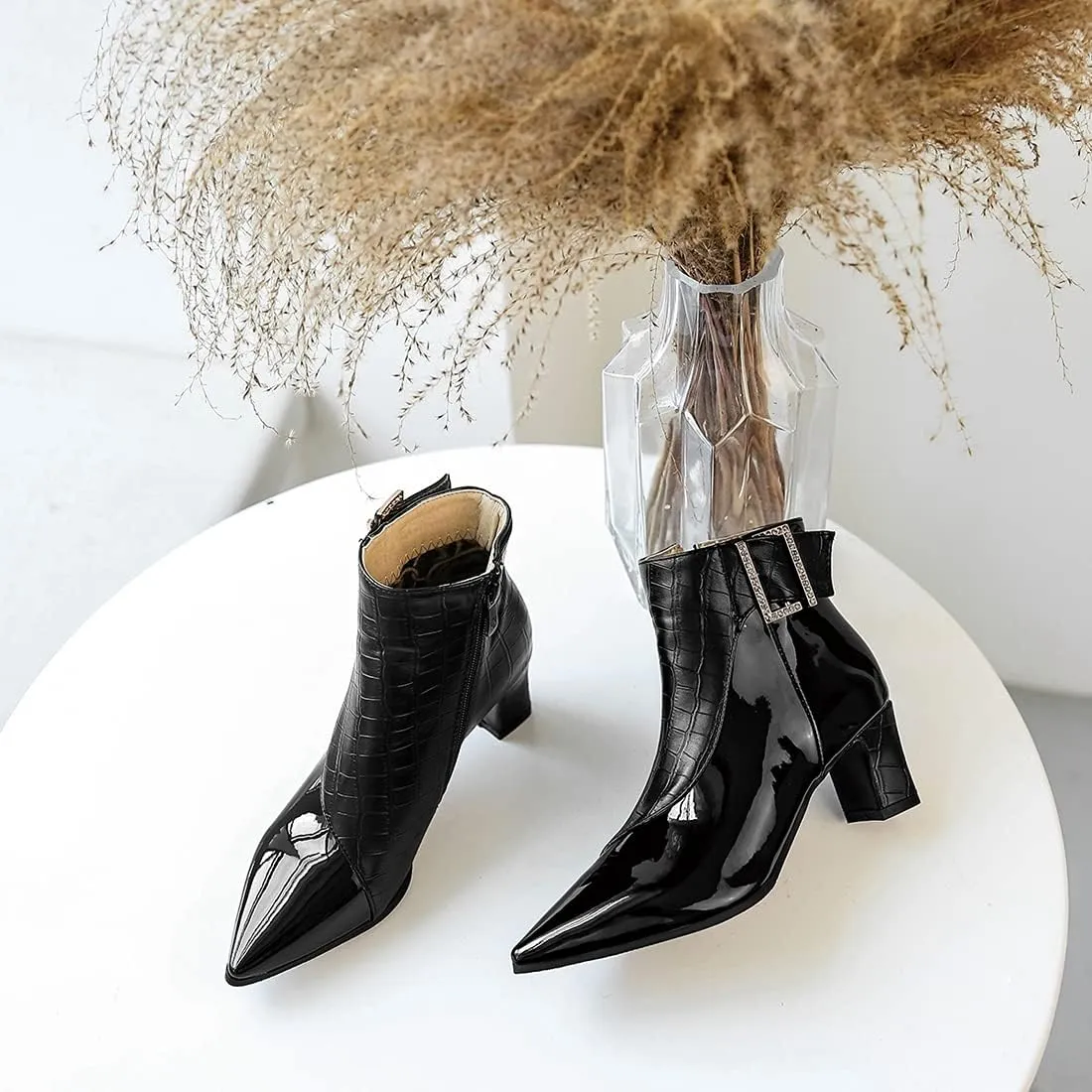 VOKLIN Women's Fashion Buckle Pointed Toe Dressy Ankle Booties Side Zipper Block Mid Heel Dress Short Boots